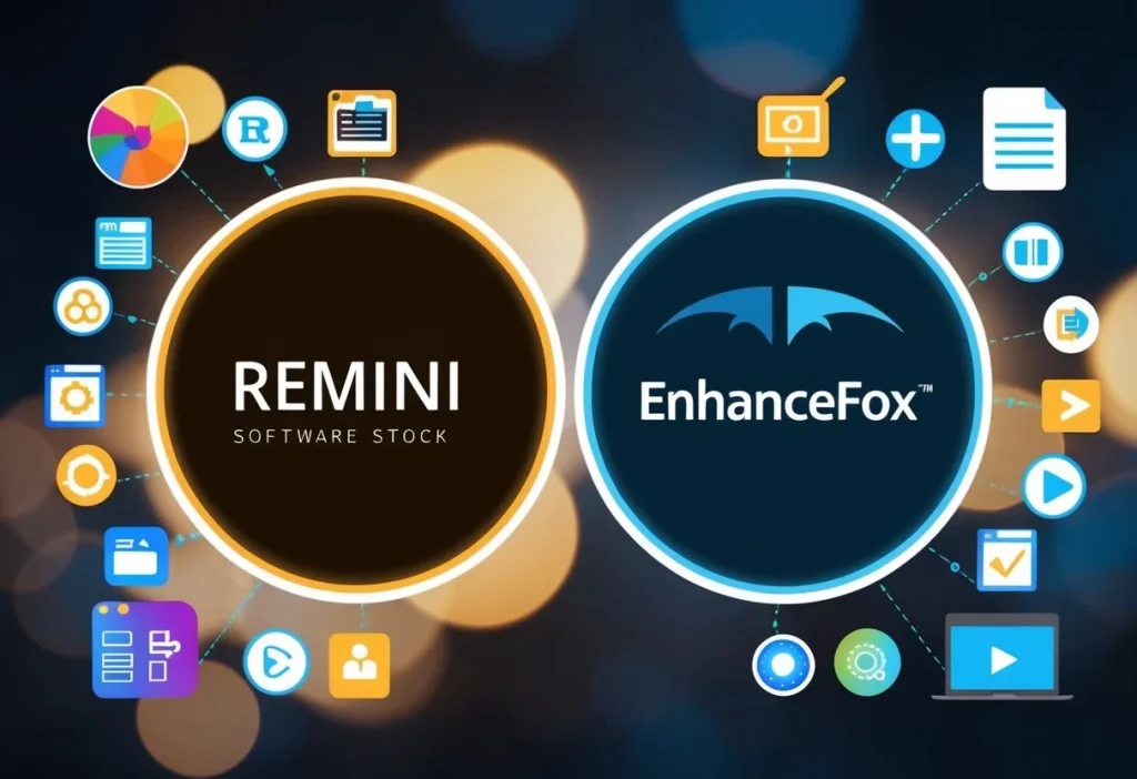 Two software logos facing each other, surrounded by various editing tools and icons. Remini and EnhanceFox are displayed prominently in the center