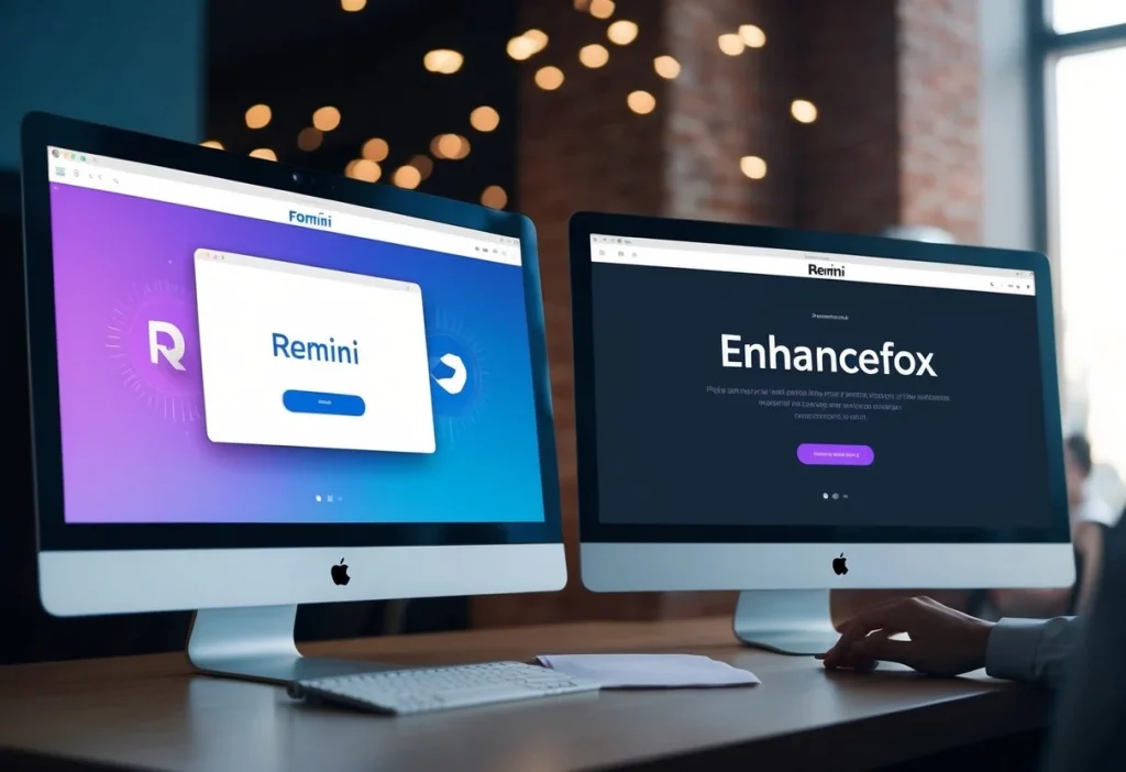 Two computer screens side by side, each displaying the interface of Remini and EnhanceFox. A person's hand is seen using a mouse to navigate and compare the two programs