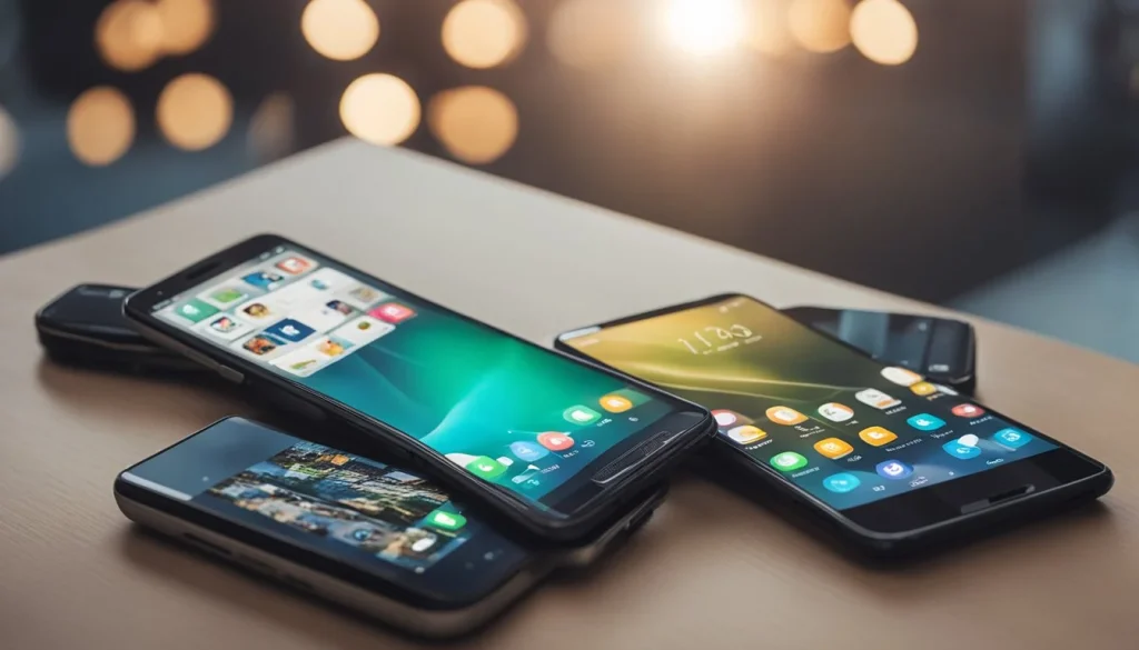 A table with two smartphones displaying the Remini and Lensa apps side by side. The screens show before and after photos of the same subject