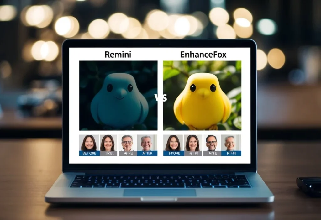 A split-screen comparison of Remini and EnhanceFox results on a laptop screen, with before and after images displayed side by side