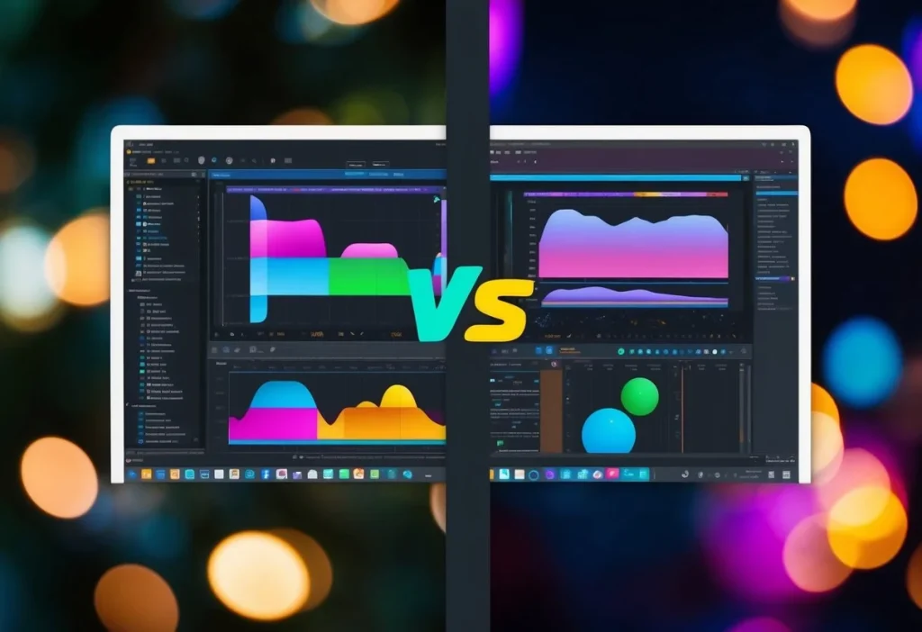 A split-screen comparison of two editing software interfaces with vibrant colors and clear details