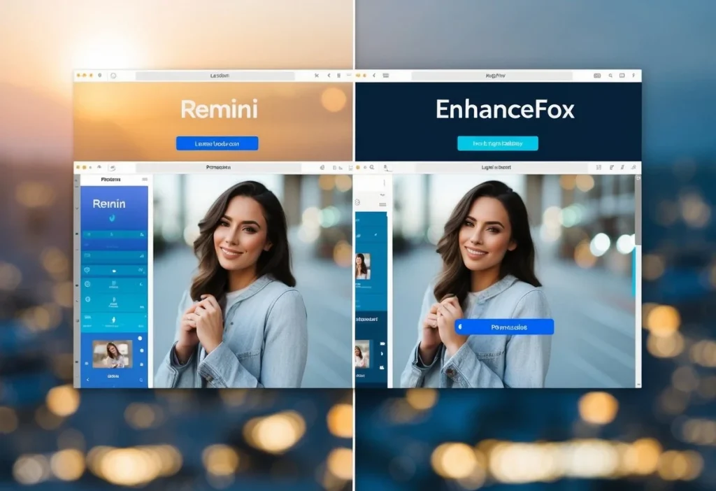 A split-screen showing Remini and EnhanceFox interfaces side by side with images being enhanced and edited in real-time