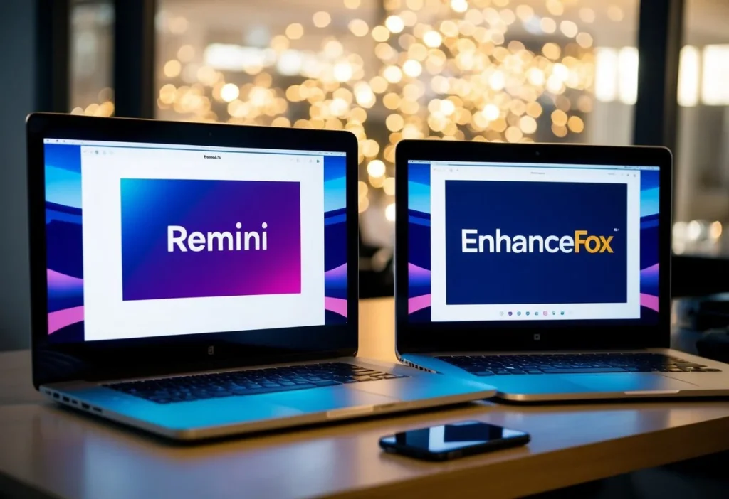 Two computer screens side by side, each displaying the logos of Remini and EnhanceFox. A laptop and a smartphone are positioned next to the screens