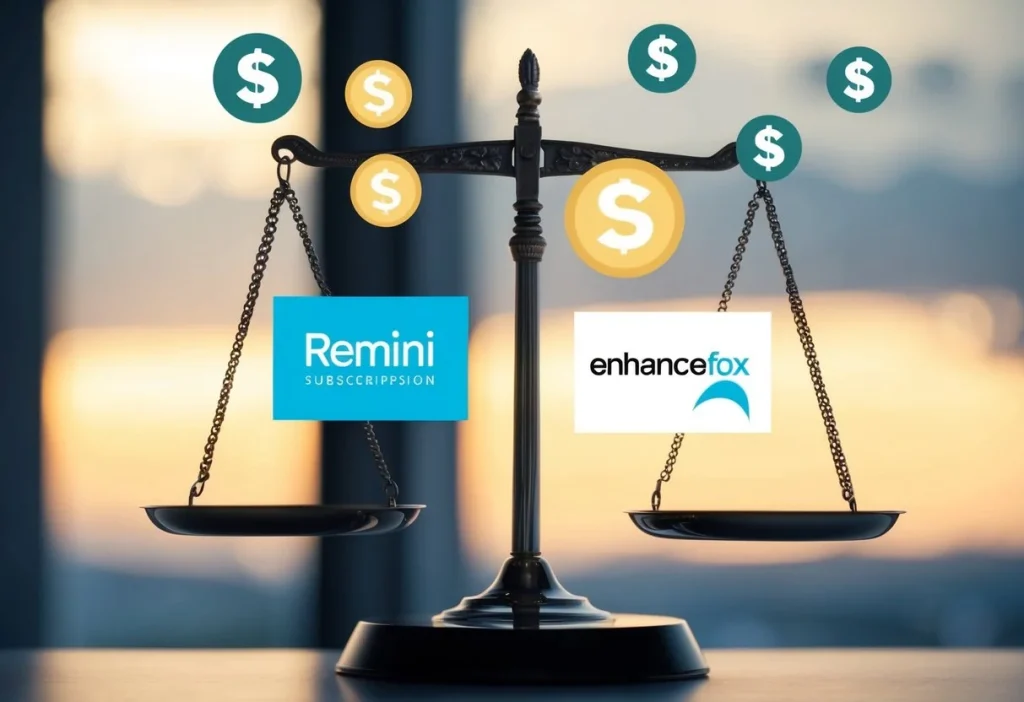 A scale balancing Remini and EnhanceFox logos, with dollar signs and subscription icons floating above