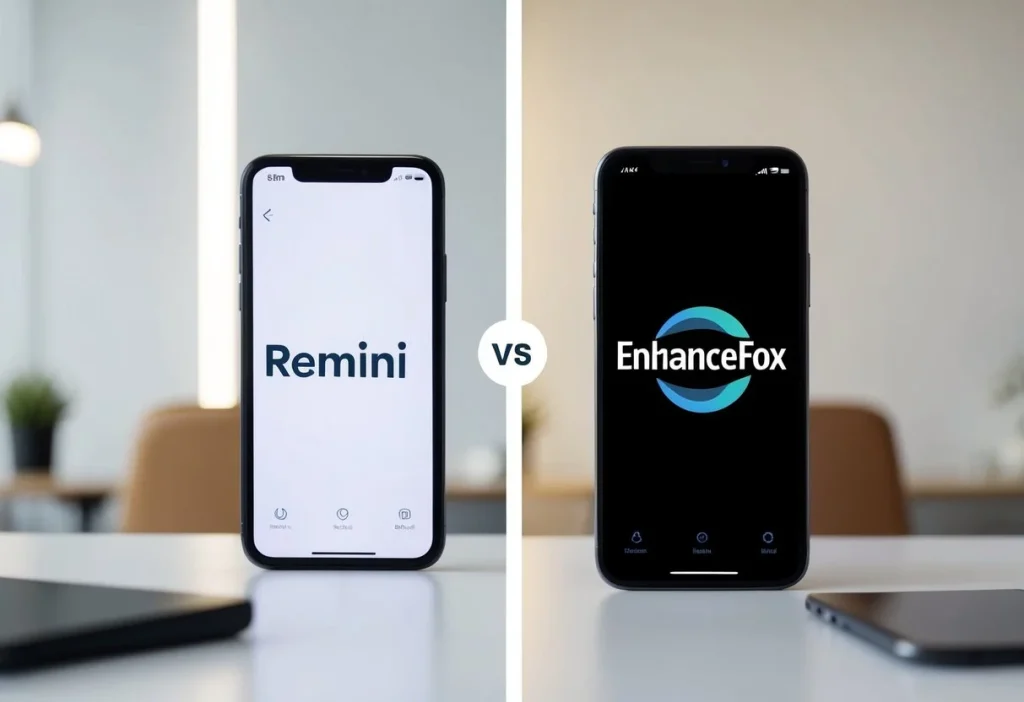 A split-screen comparison of Remini and EnhanceFox interfaces, with each app's logo displayed prominently. The background is a clean, modern workspace with minimal distractions