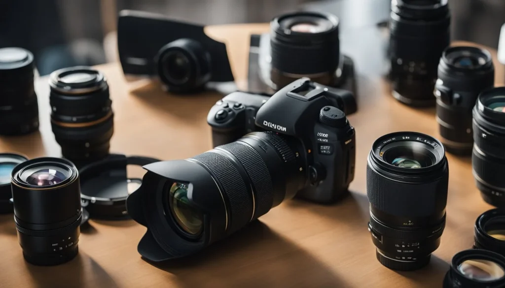 Two camera lenses facing each other on a table, surrounded by photography equipment and accessories