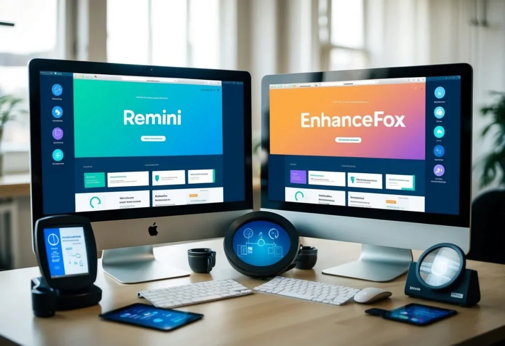 Two computer screens side by side, displaying the user interfaces of Remini and EnhanceFox. The screens are surrounded by various accessibility tools such as screen readers and magnifiers