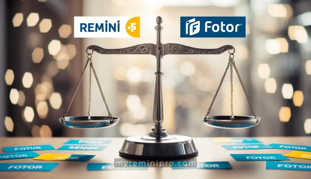 Two scales balancing with Remini and Fotor logos on opposite ends, surrounded by various subscription symbols and price tags